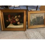 TWO OIL ON CANVAS PAINTINGS WITH GILT FRAMES, BOTH SIGNED