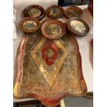 A GROUP OF SIX ROUND DECORATIVE WOODEN FRAMED WALL PLAQUES TO INCLUDE A VINTAGE ORIENTAL STYLE TRAY