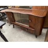 A SHINY WALNUT HUBBINET SIDEBOARD, WITH TWO GLASS CENTRE SECTION DRAWERS