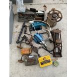 VINTAGE TOOLS - SPIRIT BURNER, FOOT PUMP, DRILL BRACES ETC