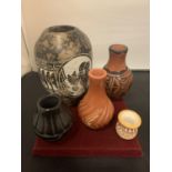 FIVE ITEMS OF STUDIO POTTERY TO INCLUDE SIGNATURES AS SHOWN IN THE PHOTOGRAPH
