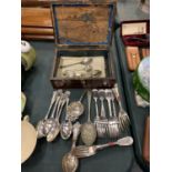 AN INLAID WOODEN BOX WITH A QUANTITY OF SILVER AND PLATED FLATWARE