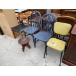A TEAK FRAMED 1960'S CHAIR, PAIR OF WHEELBACK WINDSOR CHAIRS, A 1950'S KITCHEN CHAIR AND AN INDIAN