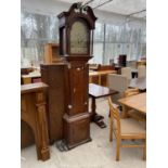 AN OAK AND MAHOGANY EIGHT DAY LONG CASE CLOCK WITH BRASS FACE HAVING DATE AND SECOND DIALS - MAKER