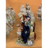 SEVEN STAFFORDSHIRE FLATBACK FIGURINES OF LADIES AND GENTLEMEN ON HORSEBACK THE LOTS 360 - 385 MAY