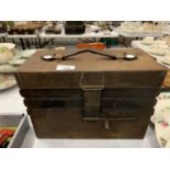 A VINTAGE METAL FISHING TACKLE BOX WITH LEATHER HANDLE