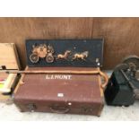 A VINTAGE WOODEN BOUND SUITCASE WITH PICTURE AND ORNATE WOODEN WALKING STICK