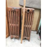 TWO VINTAGE CAST IRON BRONZE EFFECT RADIATORS, HEIGHT 77CM, WIDTH 32CM