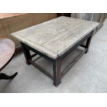 A VCITORIAN LOW PINE TABLE ON GREEN PAINTED BASE, 39x26"