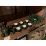 A GREEN COFFEE AND TEA SERVICE SET WITH GOLD DETAIL TO INCLUDE SUGAR BOWL AND MILK JUG ETC