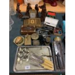 A LARGE SELECTION OF METAL AND WOODEN ITEMS TO INCLUDE TWO INLAID BOXES AND A BRASS CARRIAGE