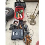 FOUR TROLLEY WHEELS, GARDEN ITEMS, DRILL CHARGES, A RATCHET STRAP CAMPING GAS COOKER ETC