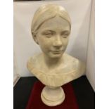 A PLASTER BUST OF A WOMAN IN THE CLASSICAL STYLE APPROXIMATELY 19 INCHES TALL