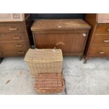 A MID 20TH CENTUJRY BLANKET CHEST, TWO WICKER BASKETS AND A CANDLE SNUFFER