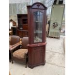 A MAHOGANY CORNER CABINET WITH LOWER DOOR AND UPPER GLAZED DOOR