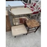 A METALWARE DINNER TROLLEY, WICKER TOP STOOL, CABRIOLE LEG STOOL AND A SMALL FRINGED RUG
