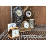 A COLLECTION OF CLOCKS TO INCLUDE A CARRIAGE CLOCK AND FURTHER BAROMETER