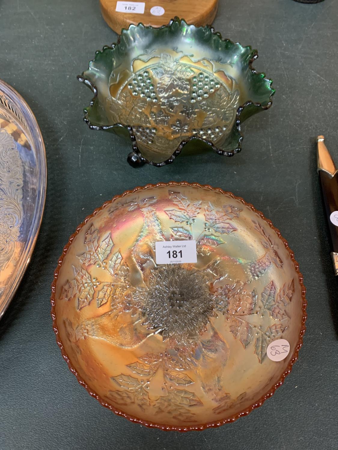 A PAIR OF COLOURED LUSTRE CARNIVAL BOWLS