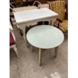 A PAINTED SIDE TABLE WITH FORMICA TOP AND ROUND TABLE WITH FORMICA TOP