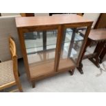 A MAHOGANY CHINA CABINET WITH TWO GLAZED DOORS AND SIDE PANELS