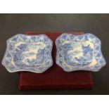 TWO BLUE AND WHITE SQUARE DISHES WITH CHARIOT DESIGN 1930'S CAULDON 10CM X 10CM