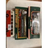 THREE MODELS TO INCLUDE TWO BOXED CORGI EDDIE STOBART WAGONS AND A COACH