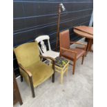 A RETRO 'DYRLUND' ELBOW CHAIR, VICTORIAN KITCHEN CHAIR, STANDARD LAMP AND A STOOL