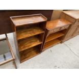 A SMALL OAK THREE TIER BOOKCASE AND A YEW WOOD BOOKCASE WITH TWO UPPER DRAWERS