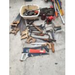 VARIOUS VINTAGE TOOLS - SAWS, OIL CANS, HAMMERS ETC