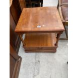 A YEW WOOD STRONGBOW LAMP TABLE WITH SINGLE DRAWER, 20" SQUARE