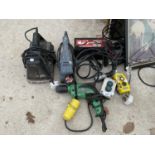 A DRILL, BATTERY CHARGER AND VARIOUS TOOLS