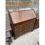 A GEORGE III OAK FALLFRONT BUREAU WITH FITTED INTERIOR, TWO SHORT AND THREE LONG DRAWERS, ON BRACKET