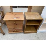 A MODERN PINE THREE DRAWER BEDSIDE CHEST AND OPEN PINE BEDSIDE CABINET
