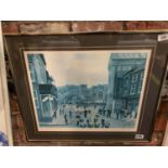 A GILT FRAMED PRINT OF A LANCASHIRE STREET SCENE SIGNED TOM DODSON