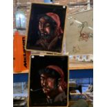 A PAIR OF SIGNED PAINT ON FABRIC PICTURES DEPICTING PIRATES