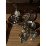 AN ASSORTMENT OF SILVER PLATE ITEMS TO INCLUDE FOUR GOBLETS AND A SERVICE TRAY ETC