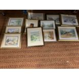 A LARGE COLLECTION OF FRAMED WATER COLOURS WITH PASTORAL THEMES