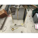 A FIRE SCREEN TOGETHER WITH TWO FIRE TOOLS ETC.