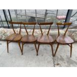 A SET OF FOUR ERCOL ELM SEATED ADULT STACKING CHAIRS