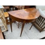 AN INLAID YEW WOOD DEMI LUNE HALL TABLE ON TAPERED SUPPORTS