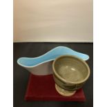 A POOLE ABSTRACT DESIEGN DISH AND A STUDIO POTTERY PEDESTAL DESIGN DISH