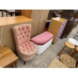 A BUTTONED BEDROOM CHAIR, A LLOYD LOOM STYLE OTTOMAN AND A PINE EFFECT AND PAINTED CHEST OF FIVE