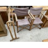 A FIVE BAR TOWEL RAIL AND TWO DIRECTORS CHAIRS