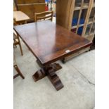 A RECTANGULAR OAK SIDE TABLE ON HEAVY PEDESTAL SUPPORT