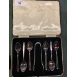 A SET OF SIX SILVER PLATE TEASPOONS AND A PAIR OF SUGAR TONGS