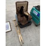 THREE VINTAGE SUITCASES, A GENT'S COAT, VINTAGE TEDDY BEARS, CRUTCHES ETC