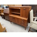 A RETRO TEAK CABINET WITH FALL FRONT, TWO DOORS AND THREE DRAWERS