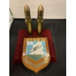 TWO BRASS 30M AFV SHELLS HEIGHT 23C AND A COASTAL COMMAND PLAQUE