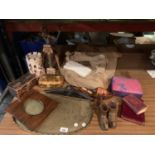 VARIOUS ITEMS TO INCLUDE A VINTAGE WOODEN MONEY BOX AND A LARGE TRAY ETC