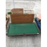 A SMALL POOL TABLE, CERAMICS, FOOTSTOOL ETC